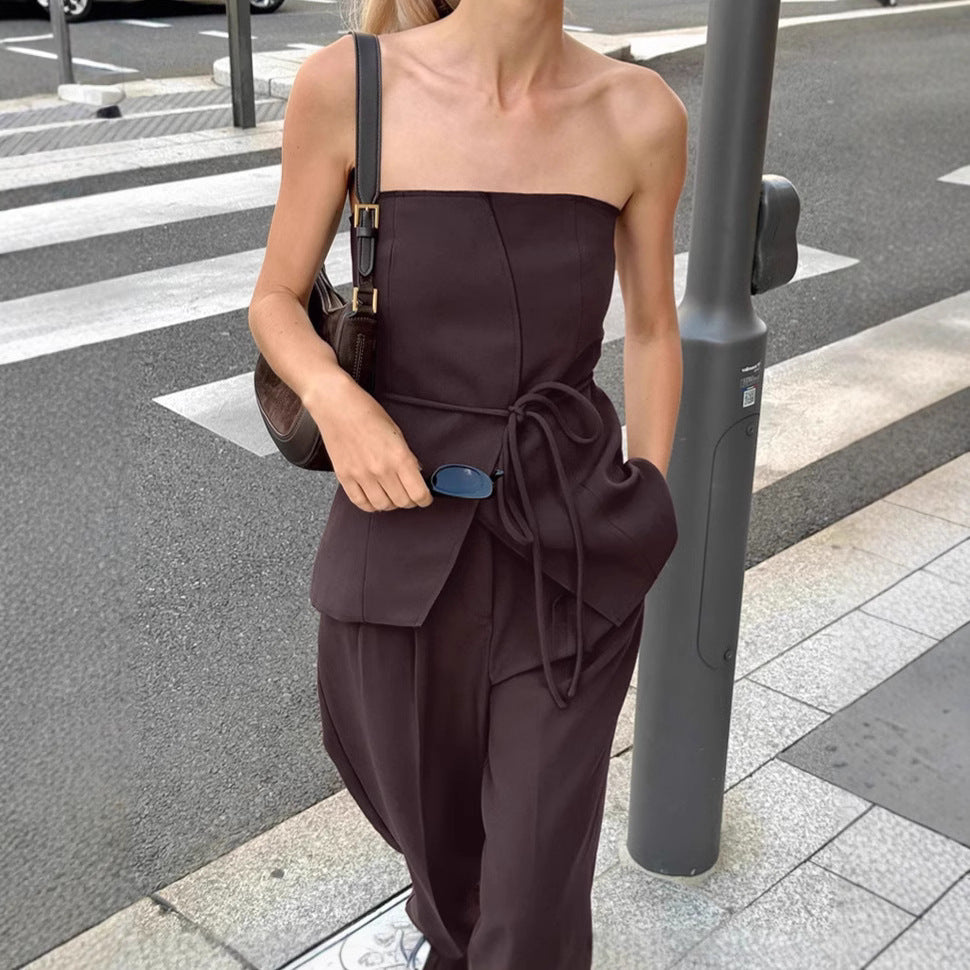 Brown strapless top wide leg pants two-piece set women's vest set