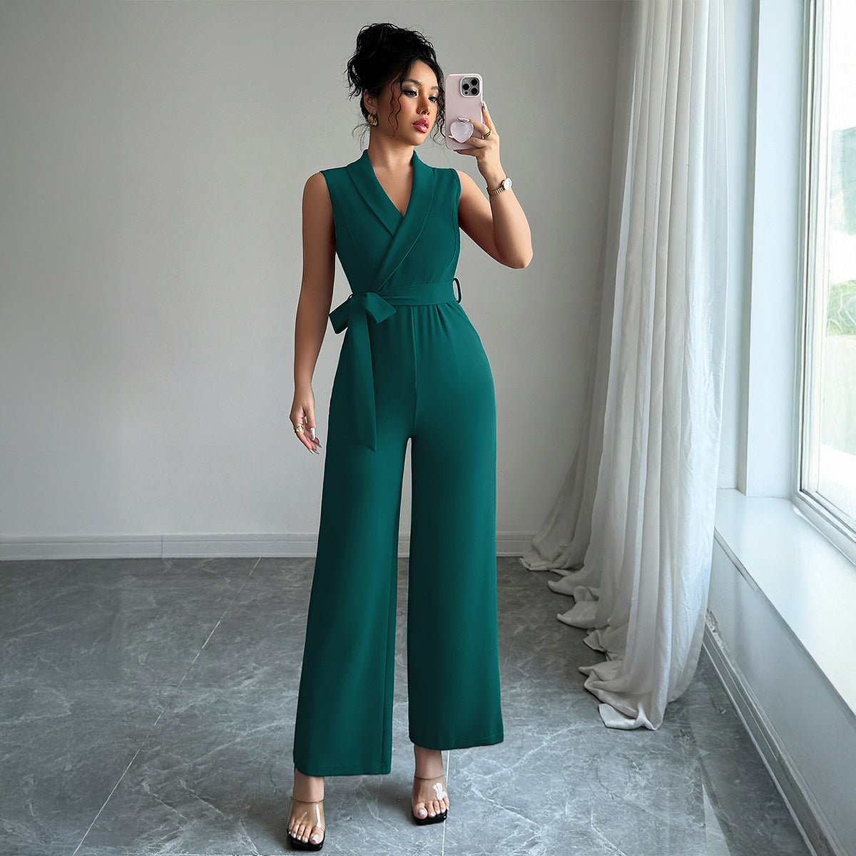 Minimalist style waist cinched wide leg pants for women's jumpsuit
