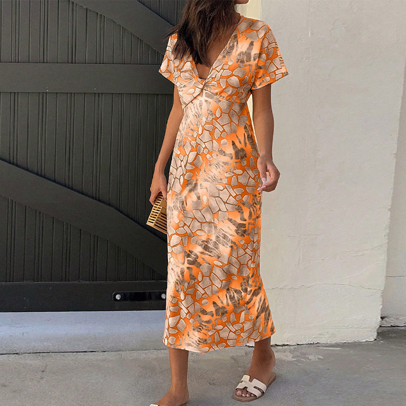 Sexy V-neck one-step skirt with color block mid length skirt