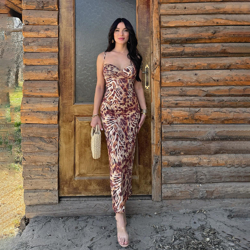 Street zebra leopard print slim fit deep V-sleeveless backless camisole dress