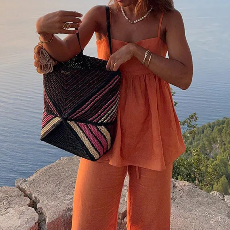 Strap solid color loose two-piece casual fashion set