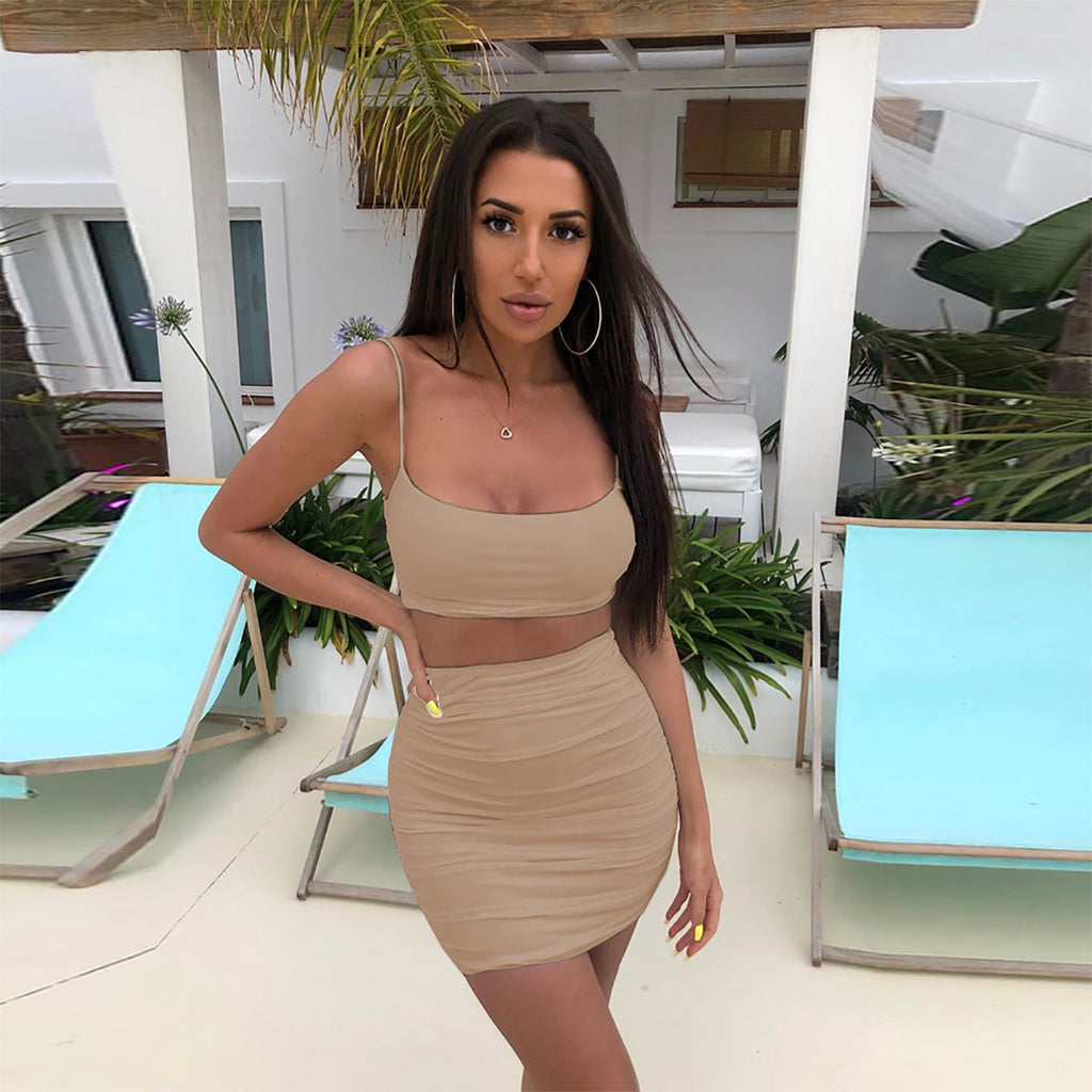 Sexy Strapless Crop Top and Pleated Bodycon Skirt Two-Piece Set for Women