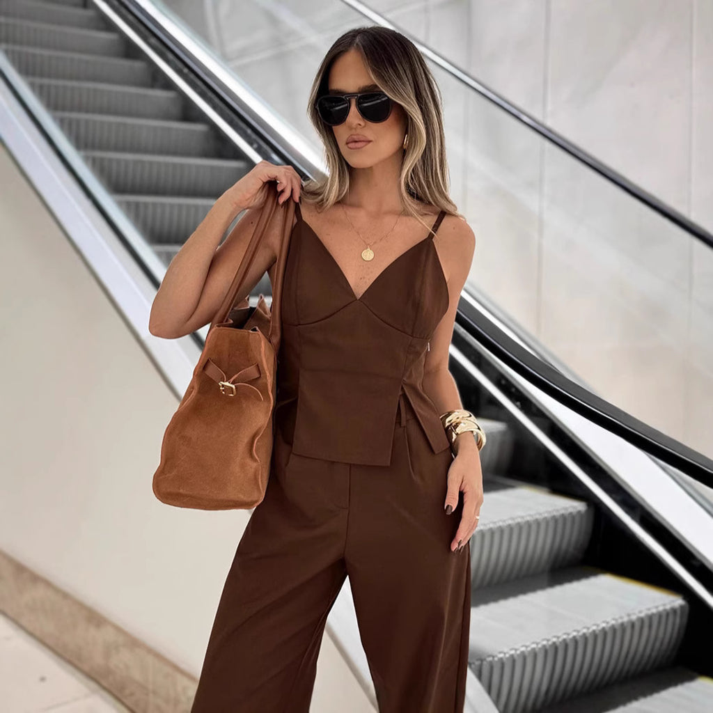 Brown camisole top pants two-piece set vest set