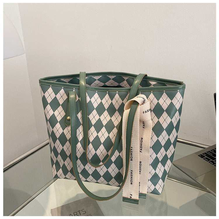 Summer Big Bag Women's New Retro Diamond Contrast Color Large Capacity Shoulder Bag All-Match Texture Tote Bag