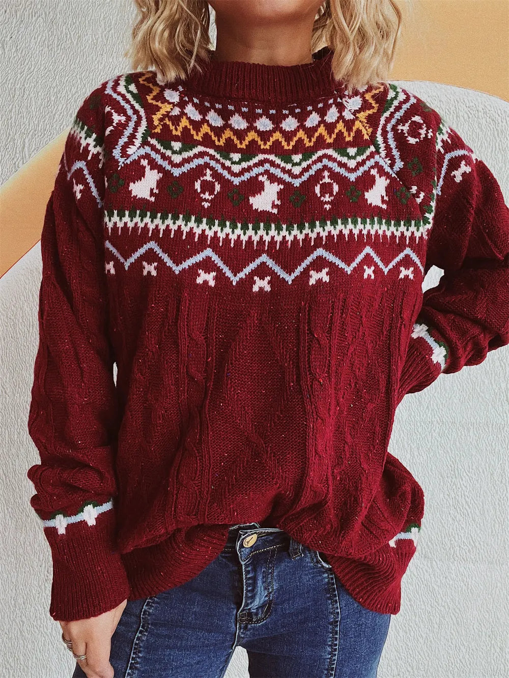 Round neck loose pullover knitting Fried Dough Twists Christmas sweater for women