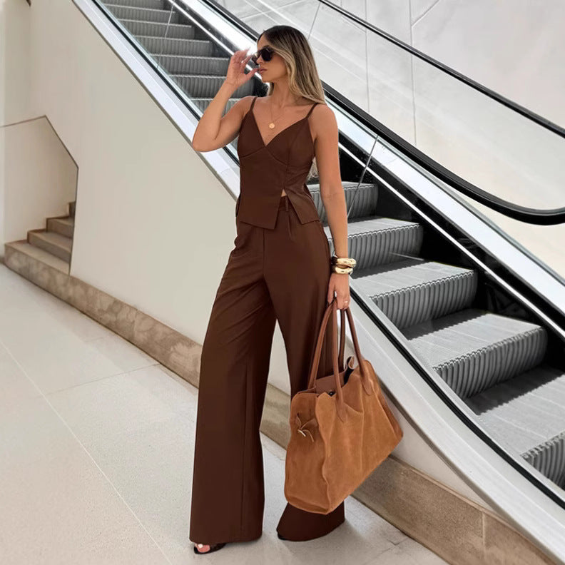Brown camisole top pants two-piece set vest set