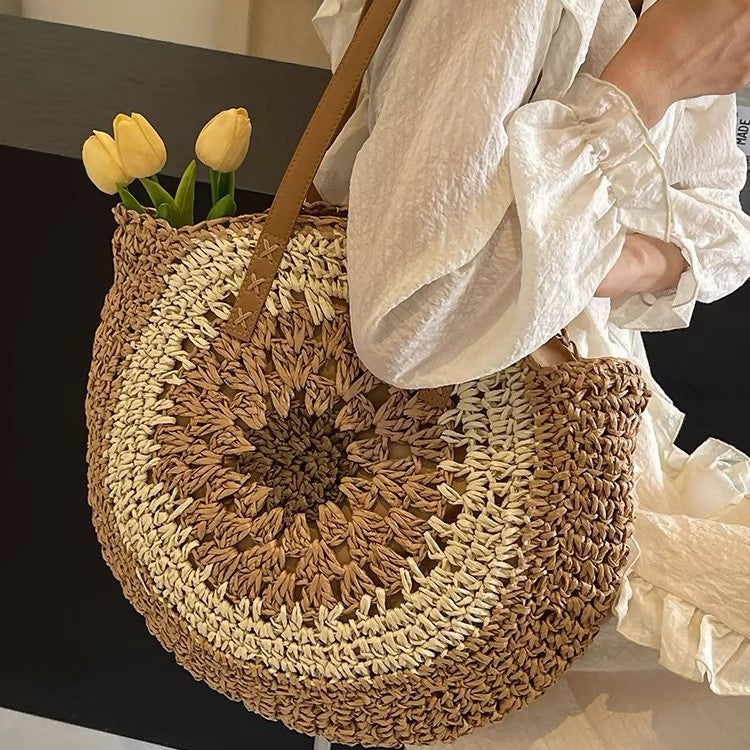 Paper rope hollow out colorful round plate grass woven bag casual beach bag one shoulder fashionable woven bag