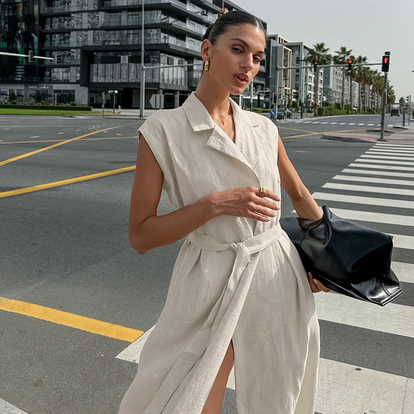 Cotton and linen dress women's khaki lace up shirt dress long skirt ﻿