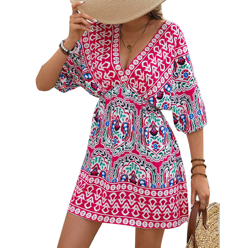 Women's Bohemian style dress with half sleeves on the beach