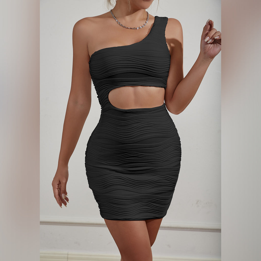 Women's European and American Water Ripple One-Shoulder Fashion Waist-Cut Sexy Dress
