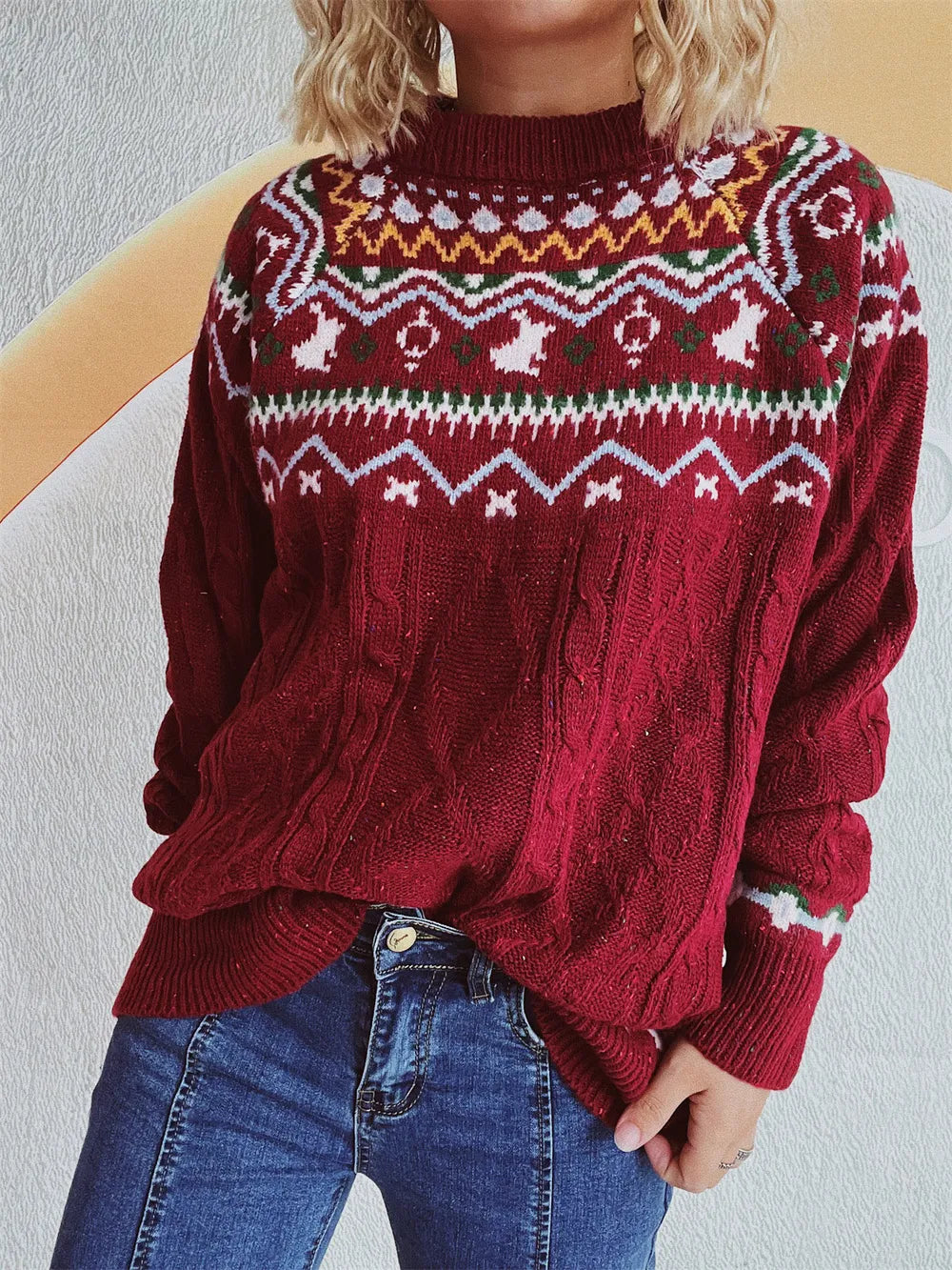 Round neck loose pullover knitting Fried Dough Twists Christmas sweater for women