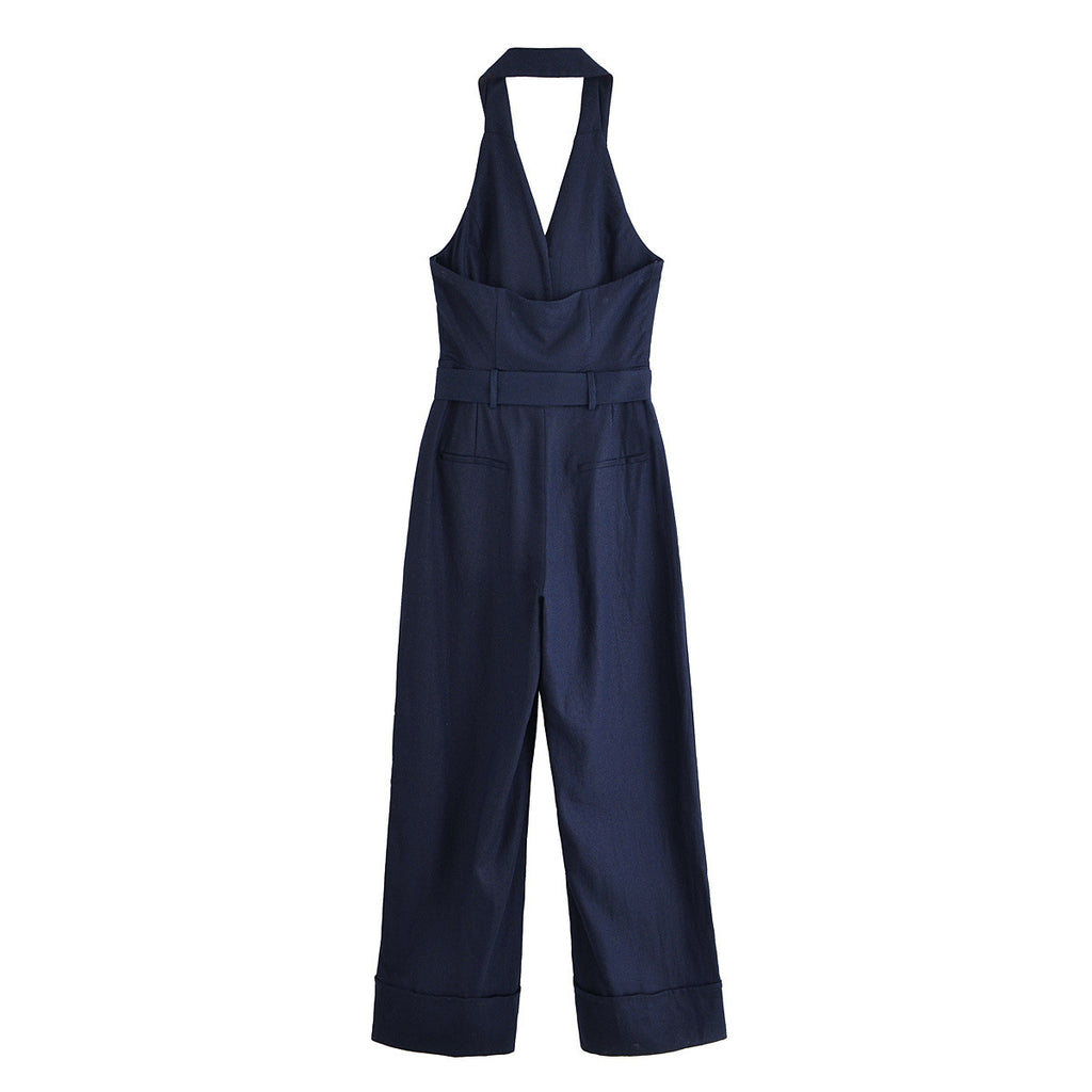 Backless waist belt hanging neck jumpsuit/pants for women