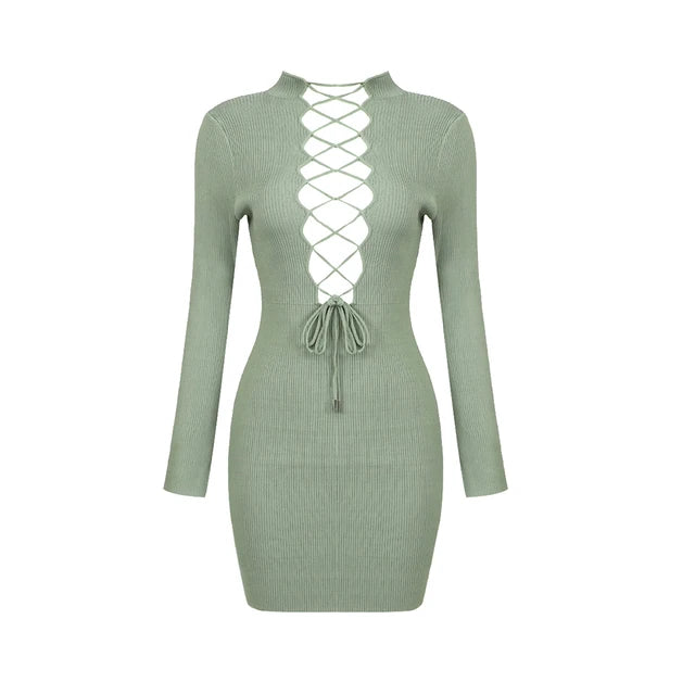 Women Sexy Short Dress With Lace-Up Design Outfits Green Long Sleeve Bodycon Bandage Dresses Vestidos