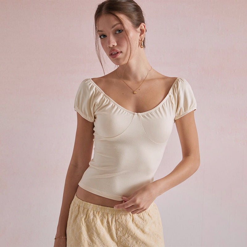 Women's Summer New Pure Color Short Sleeve V-neck Simple Backless Casual Top T-shirt