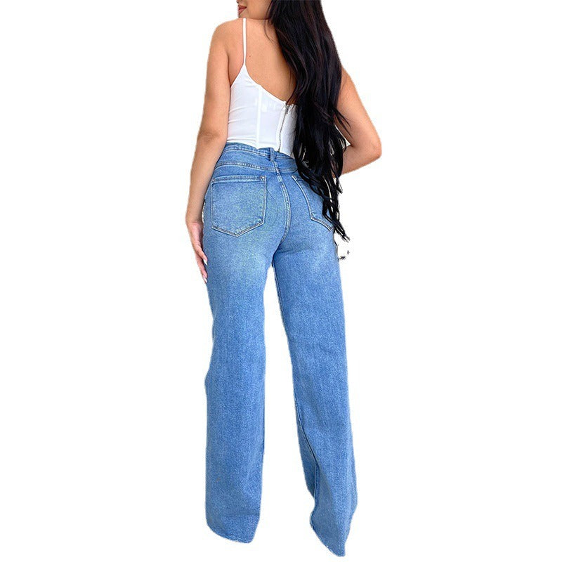 Women Pant Woman Ripped Jeans High Waist Denim Pants Wide Leg Denim Clothing Blue Jeans Vintage Casual Fashion Straight Trousers