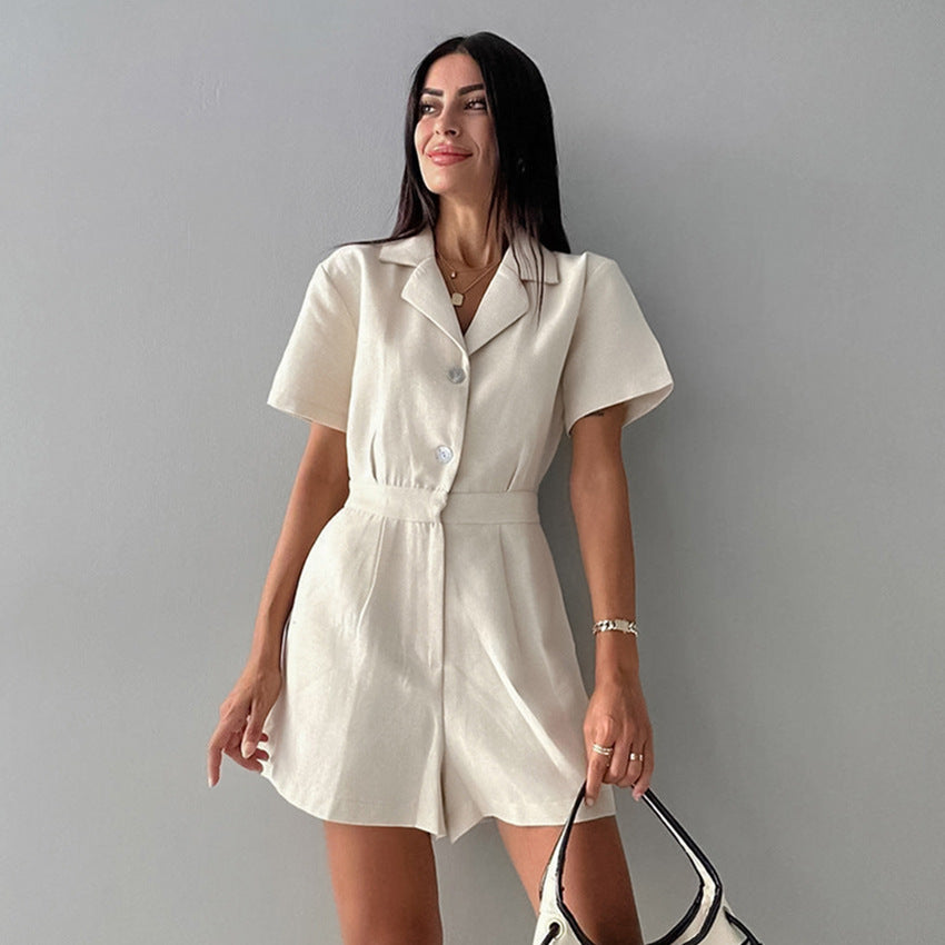 Khaki linen waist cinched wide leg jumpsuit women's short sleeved jumpsuit