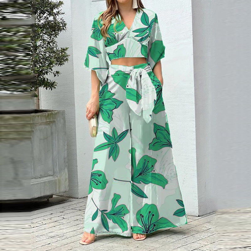 V-neck lantern sleeve short top high waist and wide leg pants