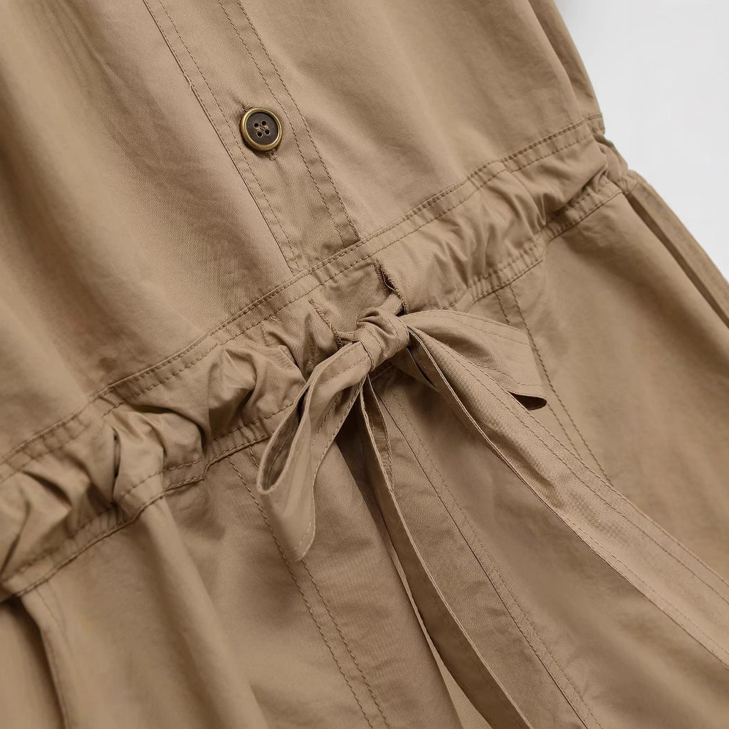 Flip collar short sleeved drawstring tie jumpsuit/pants for women