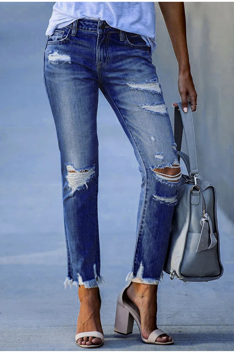 New Pencil Pants Ripped Slim Fit High Waist Vintage Streetwear Casual Fashion Stretch Blue Jeans Woman