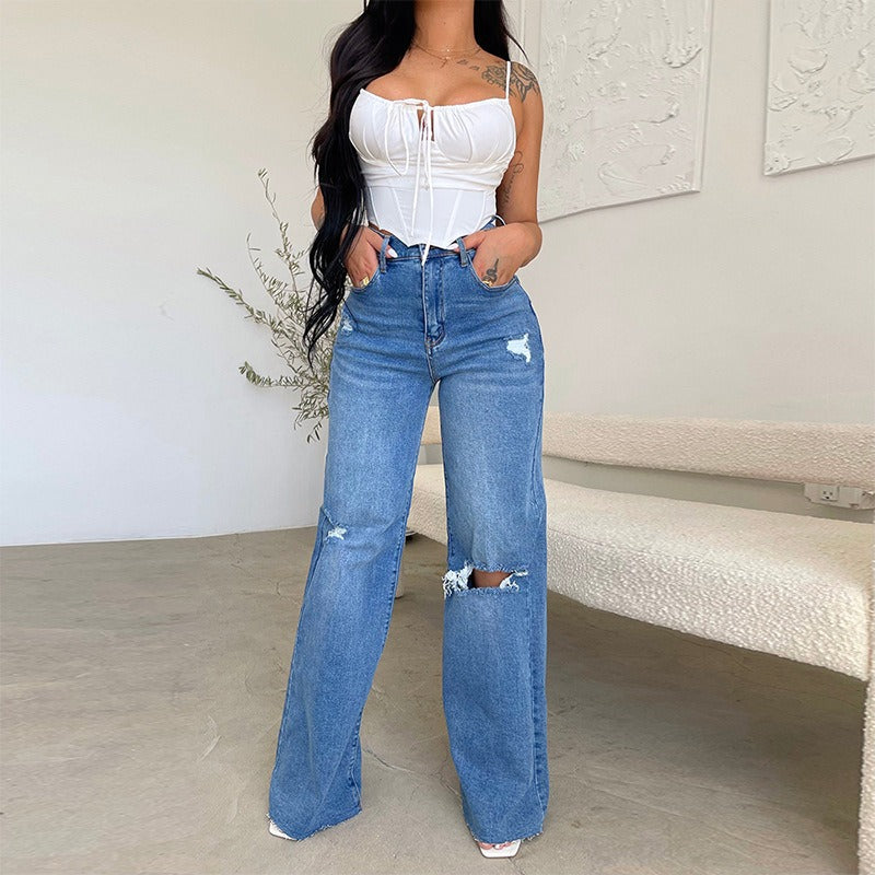 Women Pant Woman Ripped Jeans High Waist Denim Pants Wide Leg Denim Clothing Blue Jeans Vintage Casual Fashion Straight Trousers