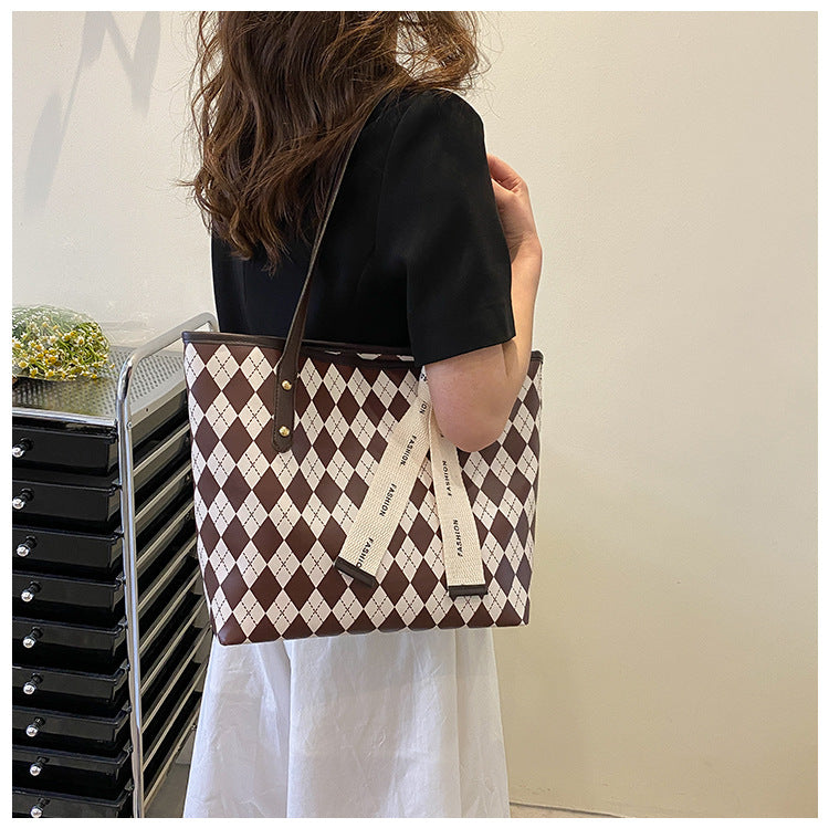 Summer Big Bag Women's New Retro Diamond Contrast Color Large Capacity Shoulder Bag All-Match Texture Tote Bag