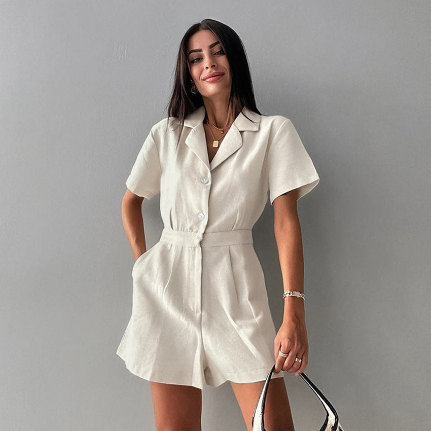 Khaki linen waist cinched wide leg jumpsuit women's short sleeved jumpsuit