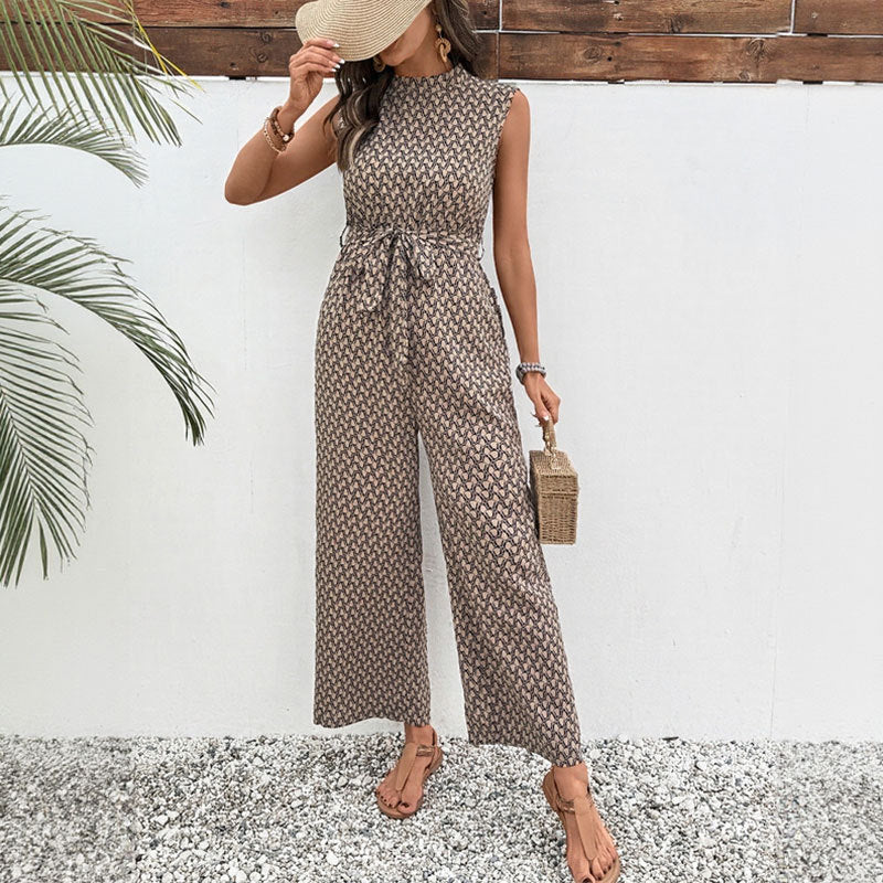 Summer new European and American casual jumpsuit with lace up sleeveless geometric print jumpsuit