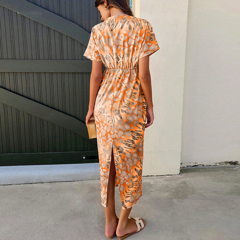 Sexy V-neck one-step skirt with color block mid length skirt