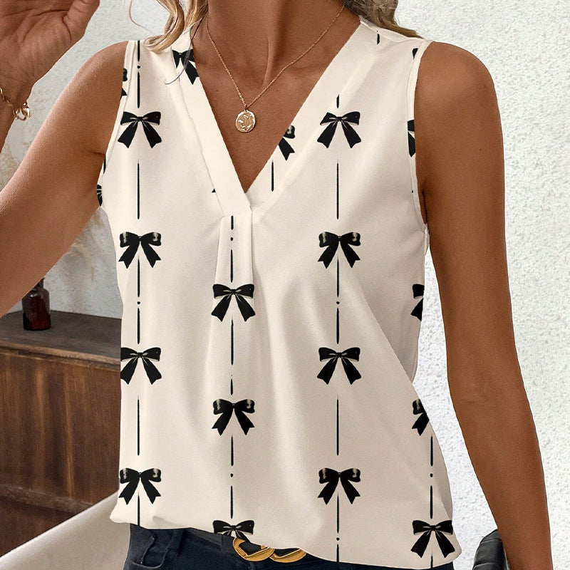 Sleeveless bow shirt V-neck shirt pullover