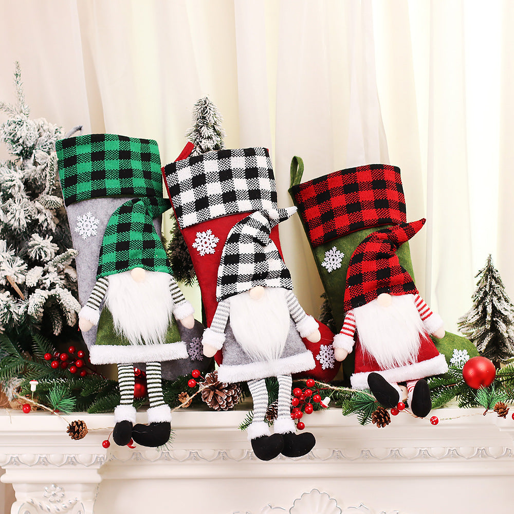 Christmas Day Decoration Red Black White Grid Faceless Forester Christmas Socks Dwarf Hanging Doll Candy Gift Bag
