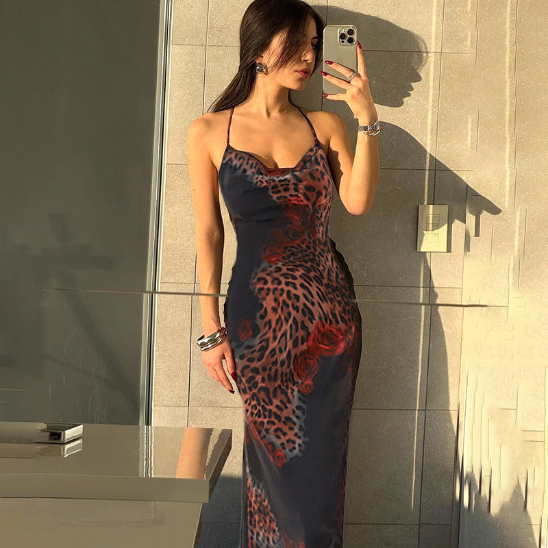 Hooded collar long skirt sexy backless leopard print dress rose contrasting backless camisole skirt