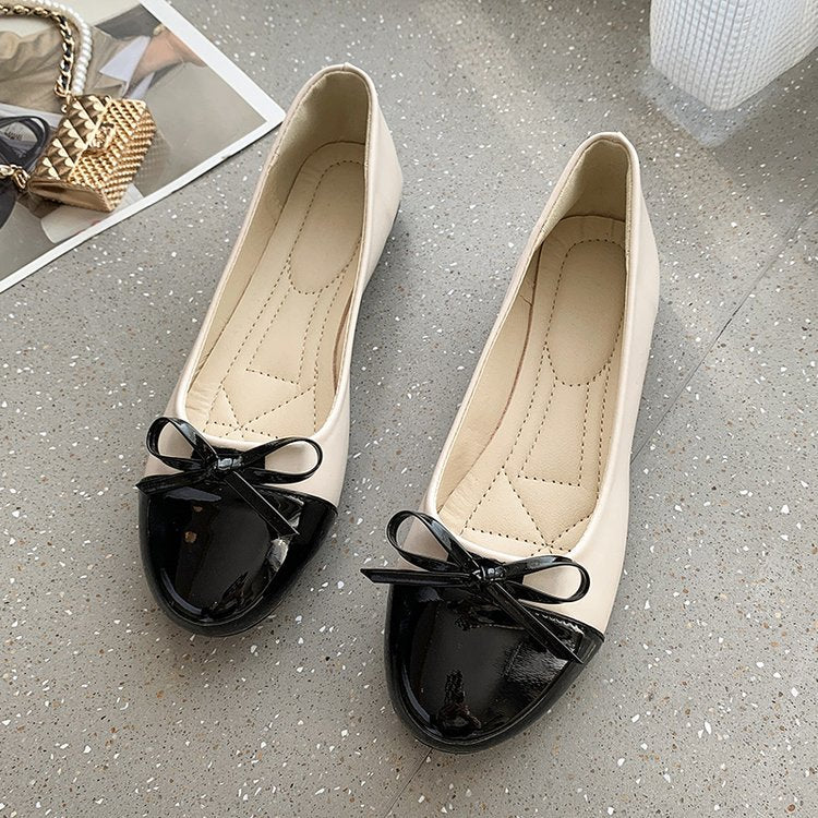 Flat bottomed shallow mouth bean shoes with round toe and simple French bow single shoes