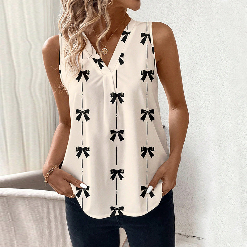 Sleeveless bow shirt V-neck shirt pullover