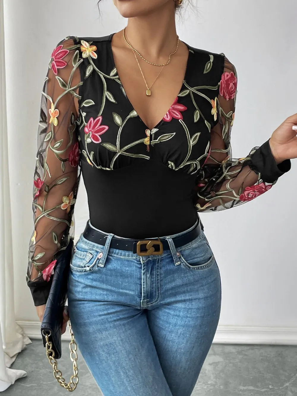 Embroidered V-Neck Long Sleeve Bodysuit
