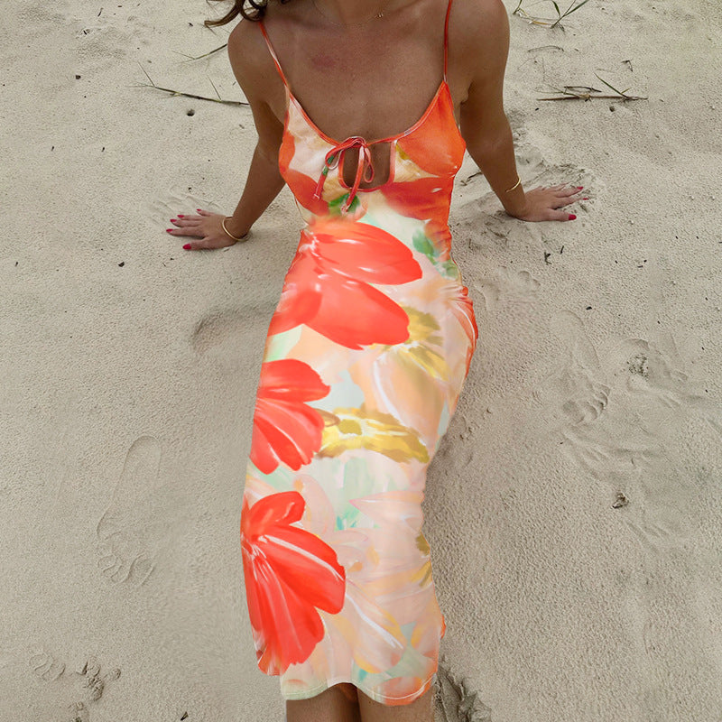 Hollow printed backless dress for women