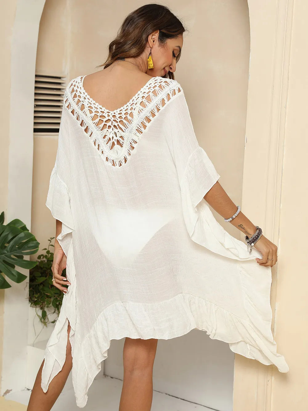 Women's hand hook patchwork ruffle edge beach skirt bikini outer cover shirt