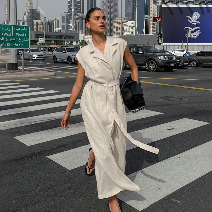 Cotton and linen dress women's khaki lace up shirt dress long skirt ﻿