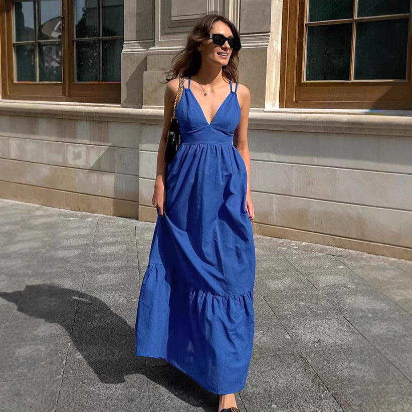 Blue V-neck camisole dress women's loose cotton and linen dress A-list long skirt