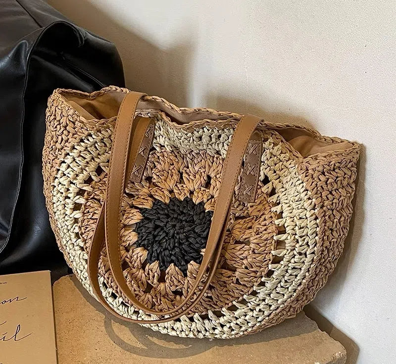 Paper rope hollow out colorful round plate grass woven bag casual beach bag one shoulder fashionable woven bag