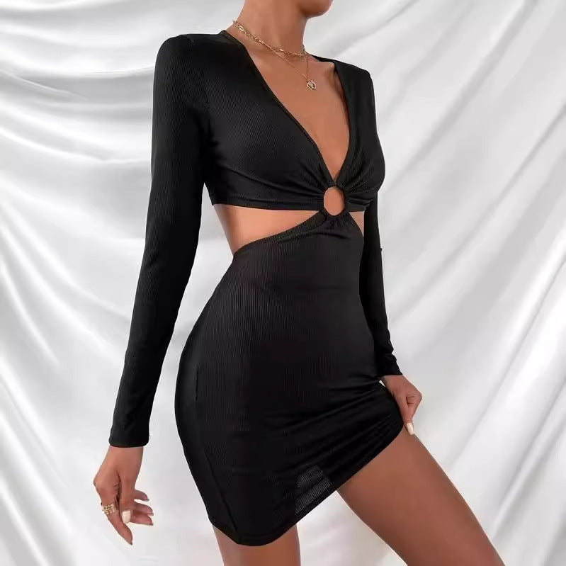 Hollow Out Long Sleeve Low Neck Sexy Dress