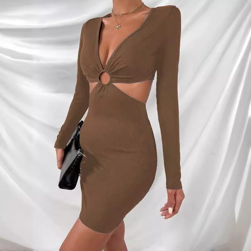 Hollow Out Long Sleeve Low Neck Sexy Dress