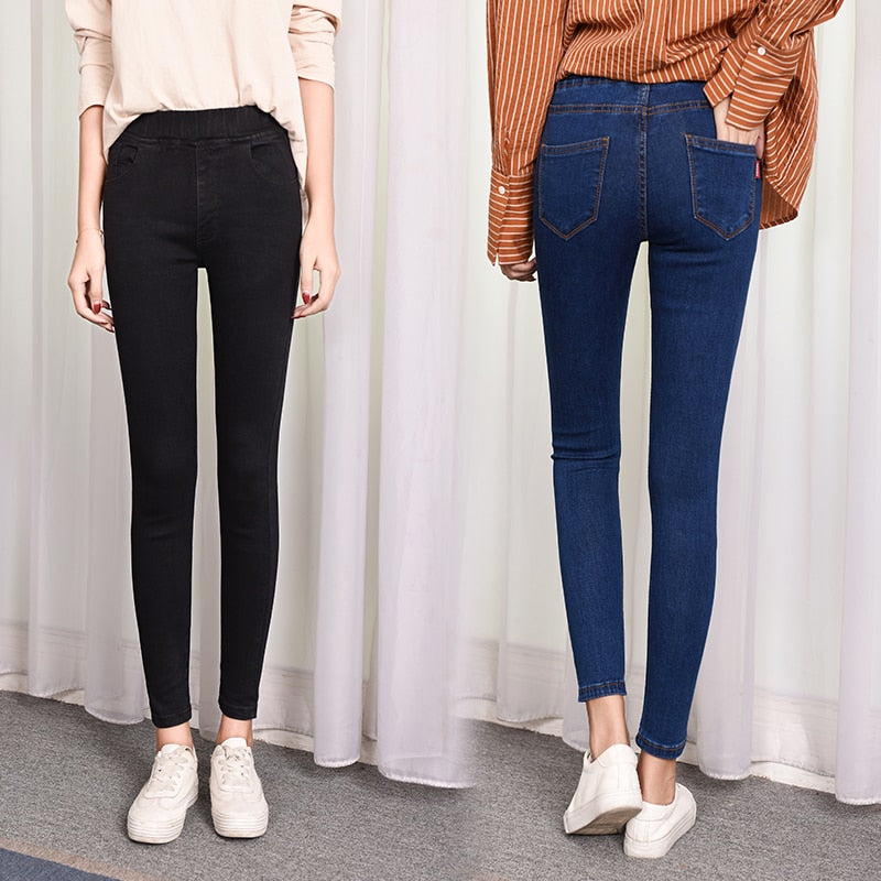 Casual 6XL Elastic Waist Jeans Woman Plus Size High Waist Solid Autumn Winter Denim Cotton Elasticity Denim Pants