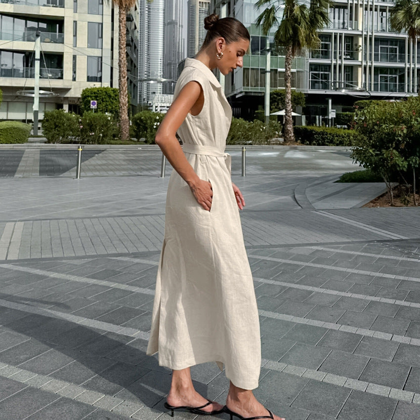 Cotton and linen dress women's khaki lace up shirt dress long skirt ﻿