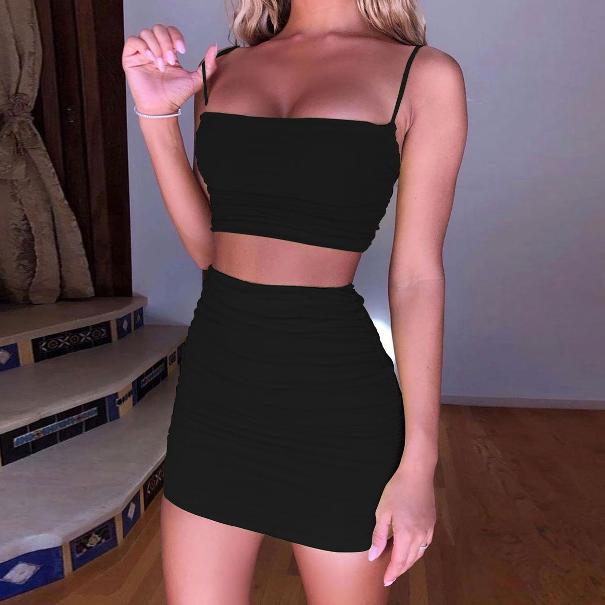 Sexy Strapless Crop Top and Pleated Bodycon Skirt Two-Piece Set for Women