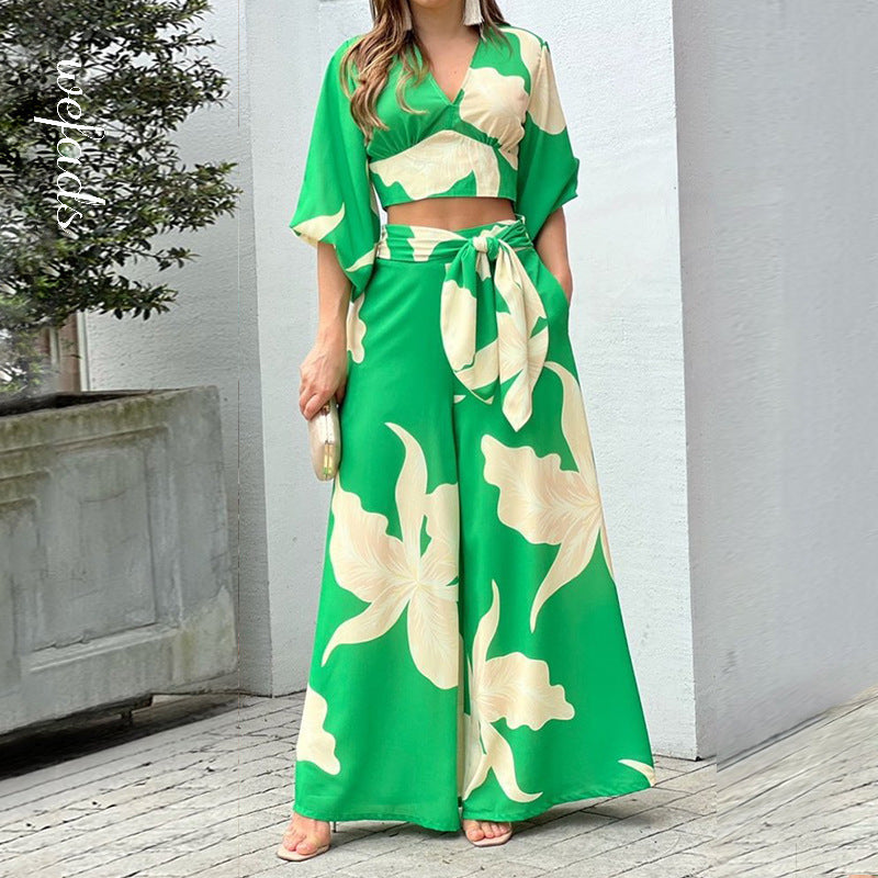 V-neck lantern sleeve short top high waist and wide leg pants