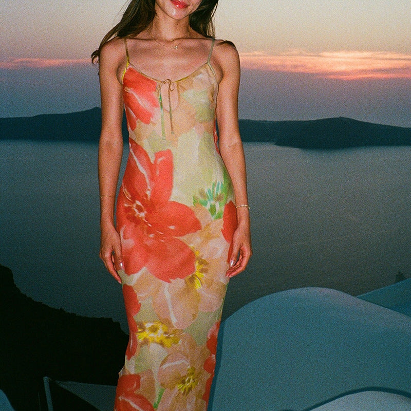 Hollow printed backless dress for women