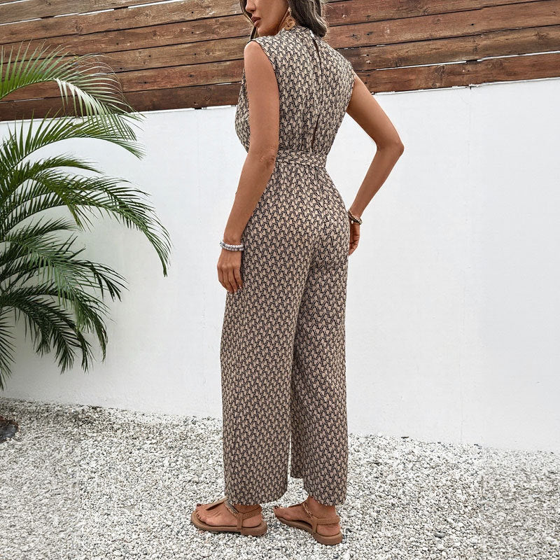 Summer new European and American casual jumpsuit with lace up sleeveless geometric print jumpsuit