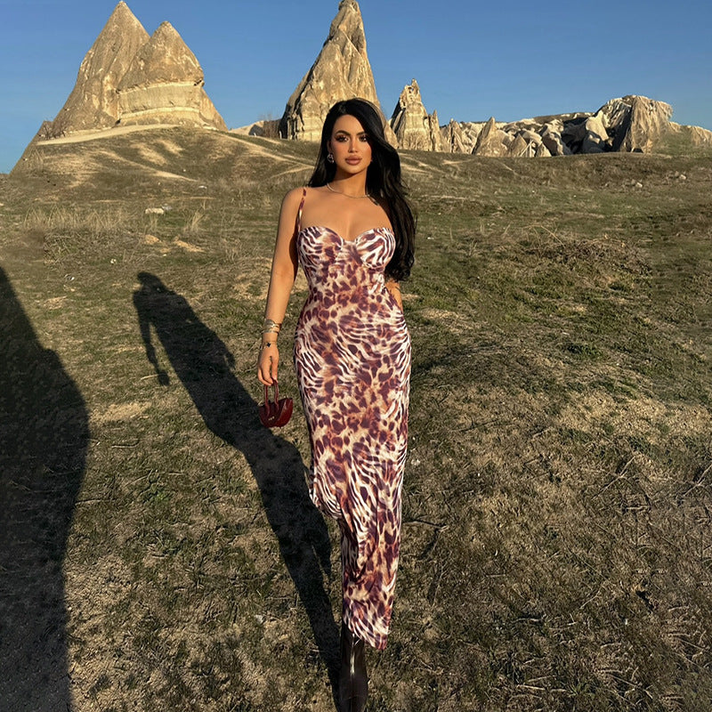 Street zebra leopard print slim fit deep V-sleeveless backless camisole dress