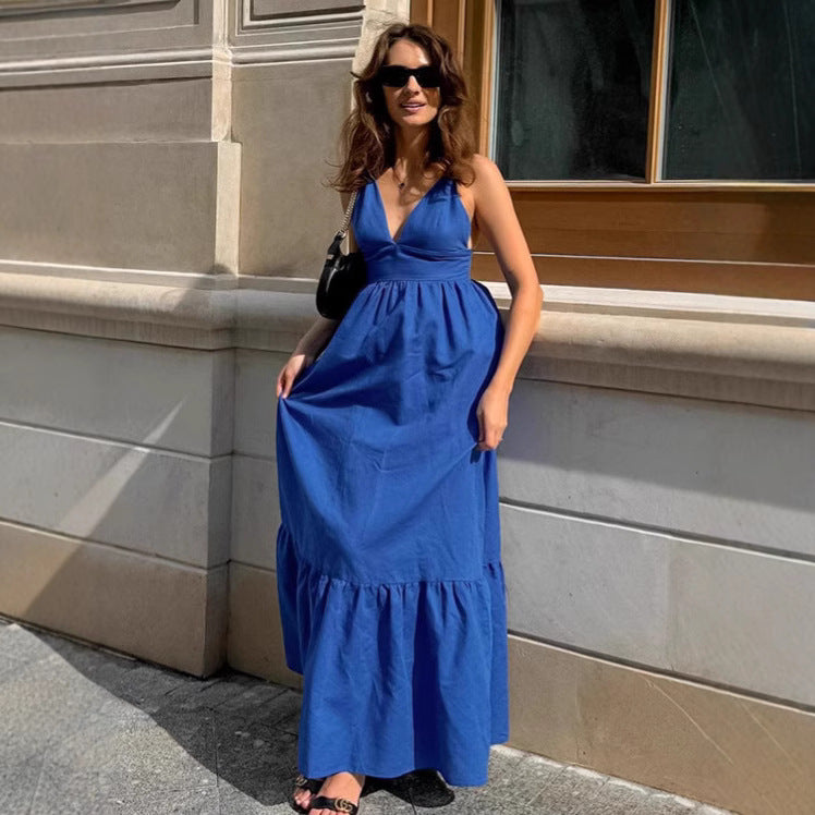 Blue V-neck camisole dress women's loose cotton and linen dress A-list long skirt