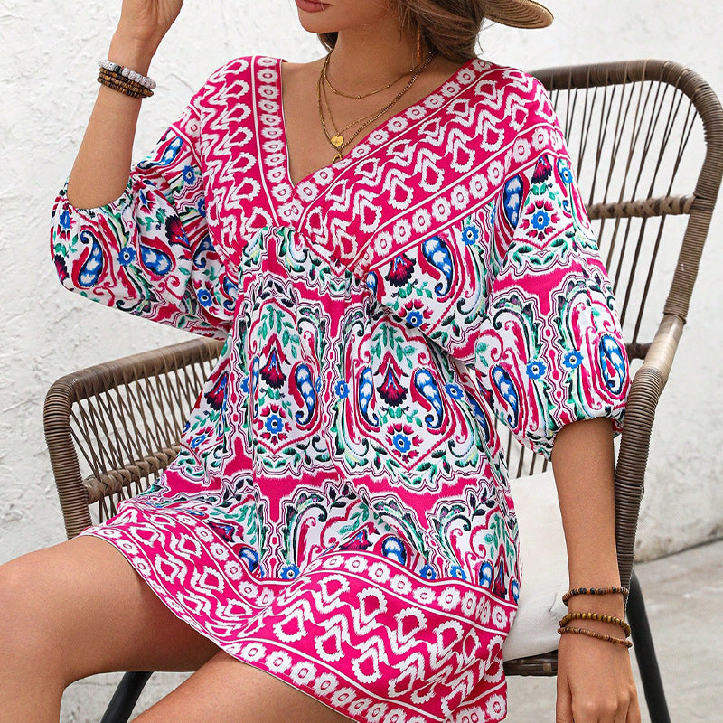 Women's Bohemian style dress with half sleeves on the beach